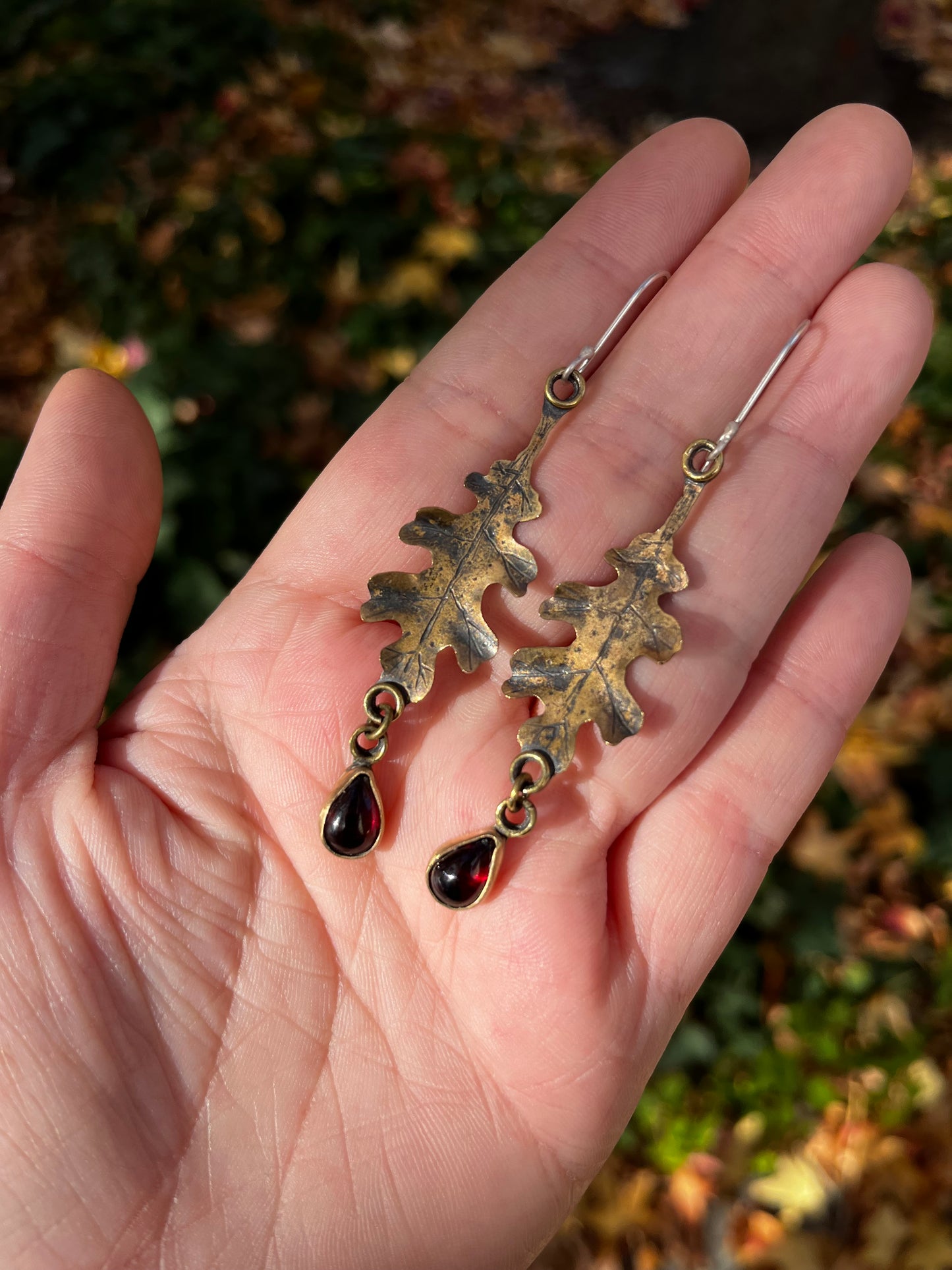 Brass Oak Leaf Earrings with Garnets