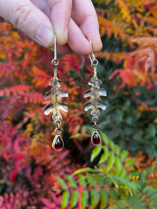 Brass Oak Leaf Earrings with Garnets