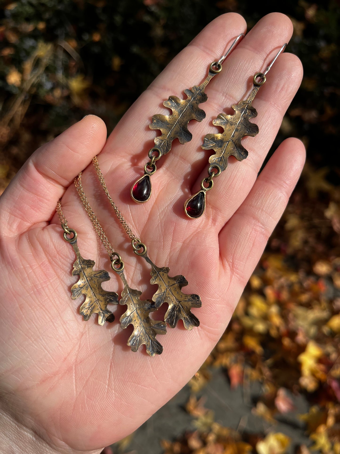 Brass Oak Leaf Earrings with Garnets